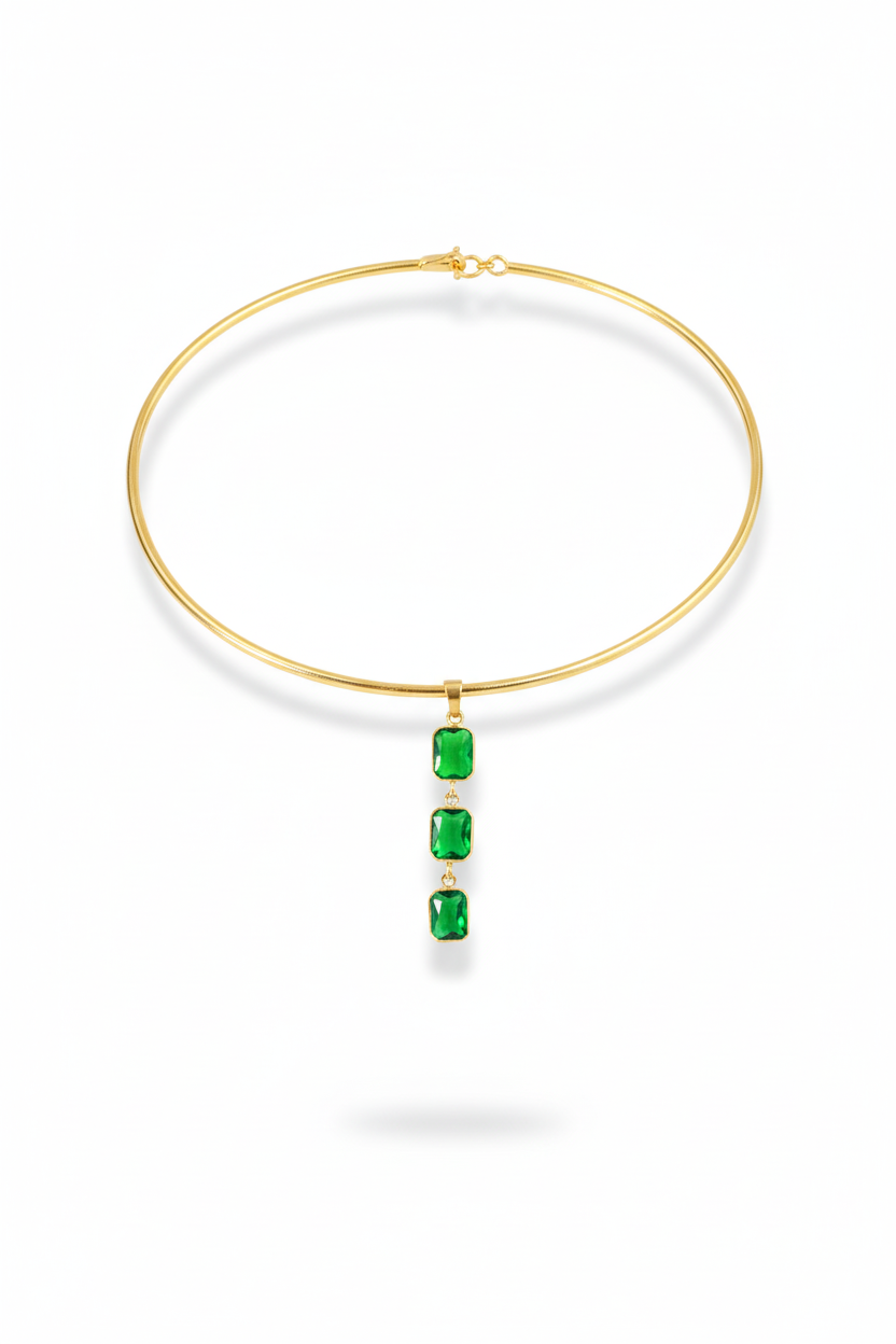 Hansuli Necklace with Triple Green Rectangle Pendant | Brass Anti Tarnish | Lightweight