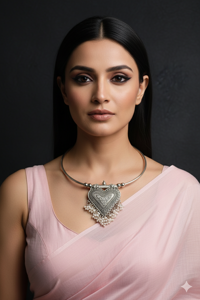 Oxidised German Silver Hansli Necklace with Heart Shaped Pendant