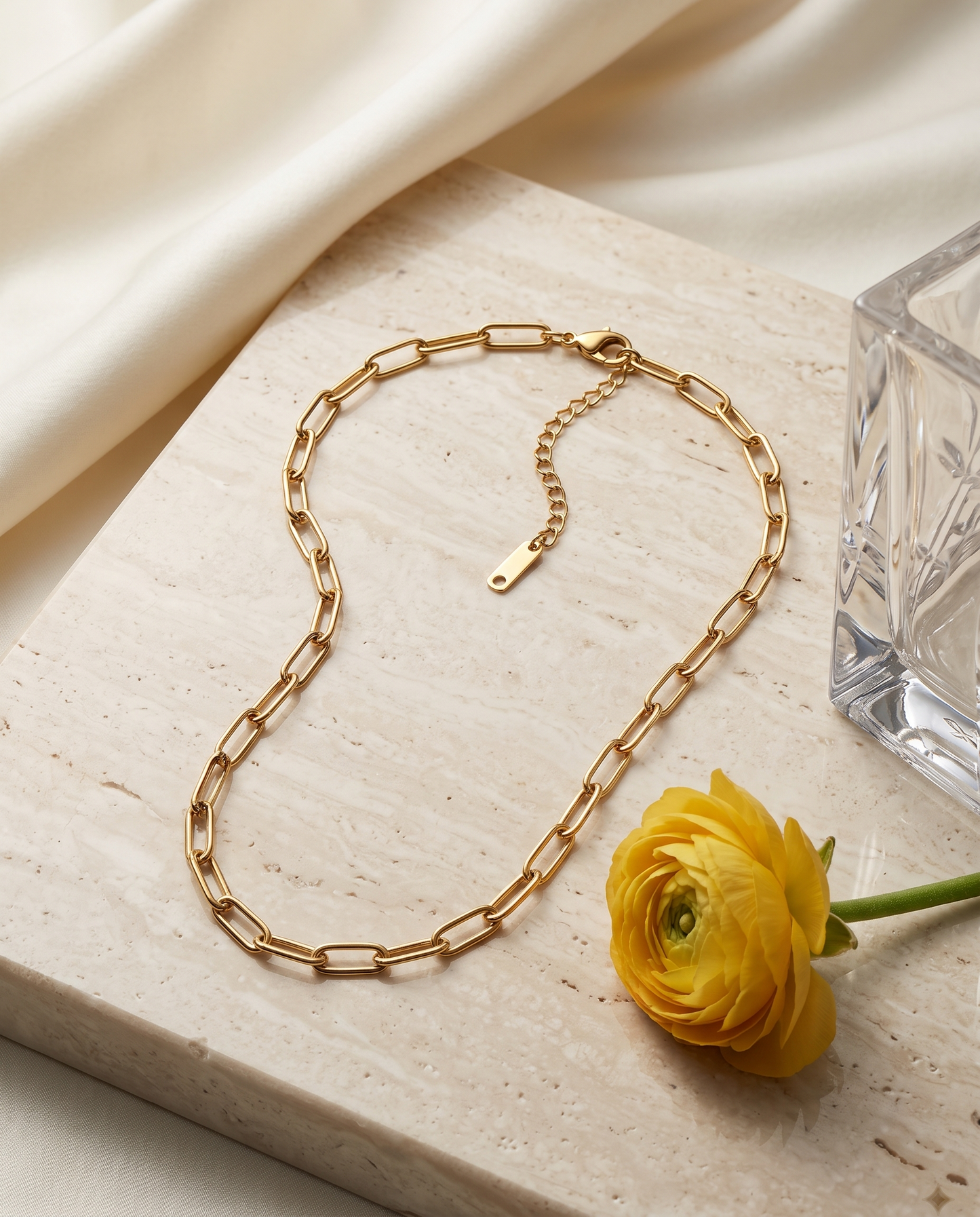 Gold paperclip chain necklace, 18K gold plated – styled on jewelry stand