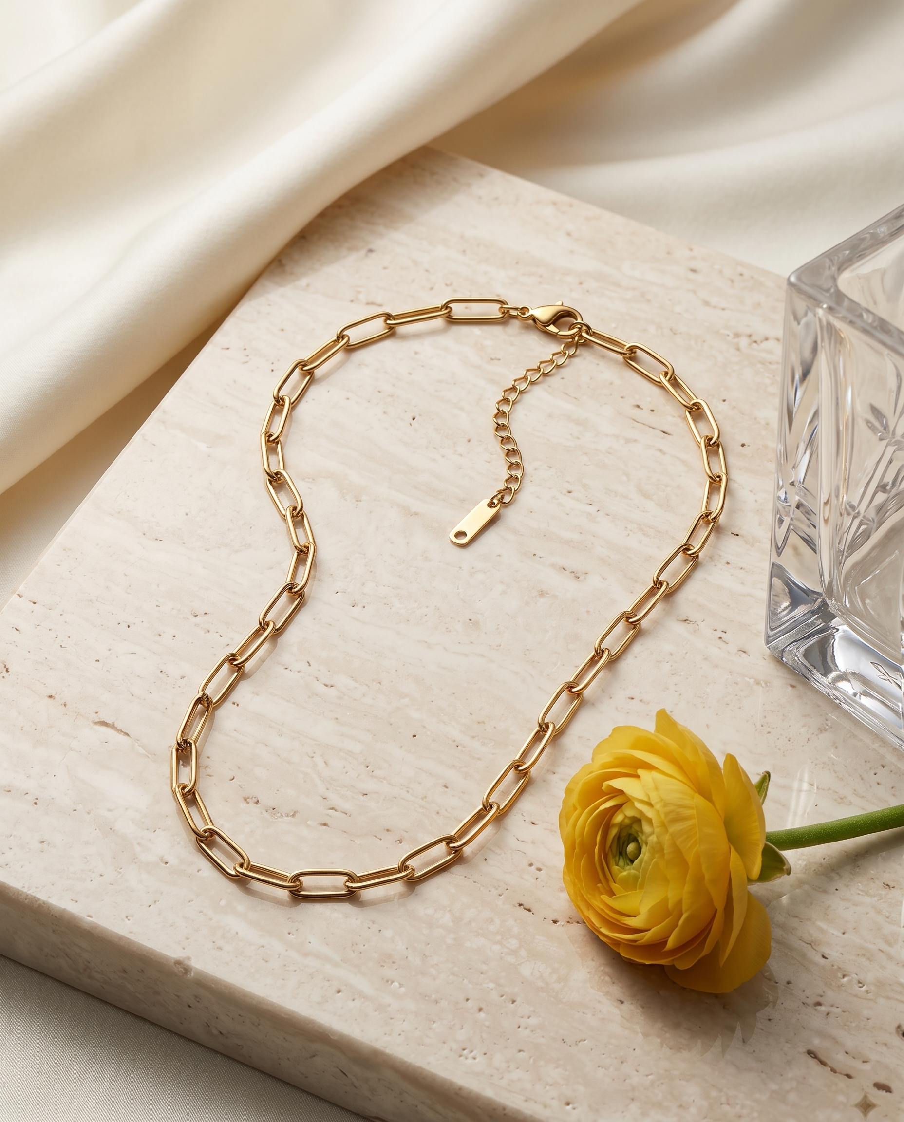 Gold paperclip chain necklace, 18K gold plated – styled on jewelry stand