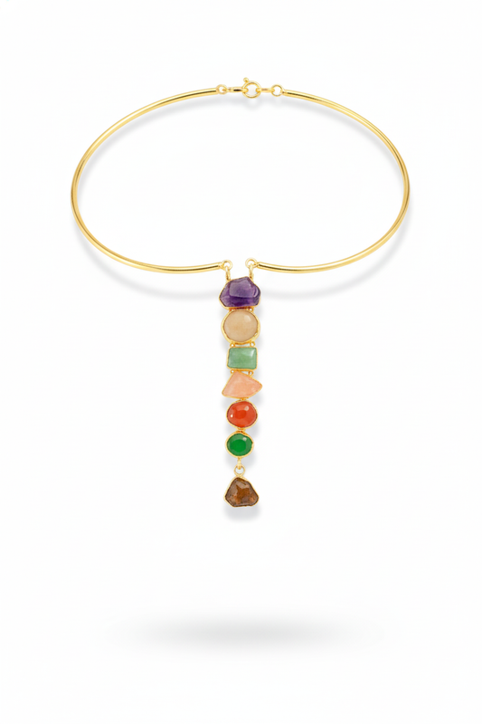 Hansuli Necklace with Vertical Multicolor Bar Pendant | Brass Anti Tarnish | Lightweight