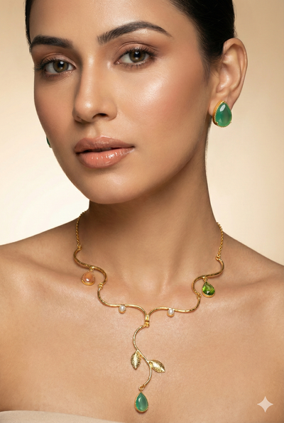 Natural Stone Leaf-Vine Necklace Set – One-of-a-Kind | Gold Plated Brass | Anti-Tarnish