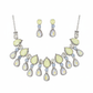 Korean Lemon Yellow Glass Stone Jewelry Necklace Set | Rhodium Plated Fashion Jewelry with Earrings