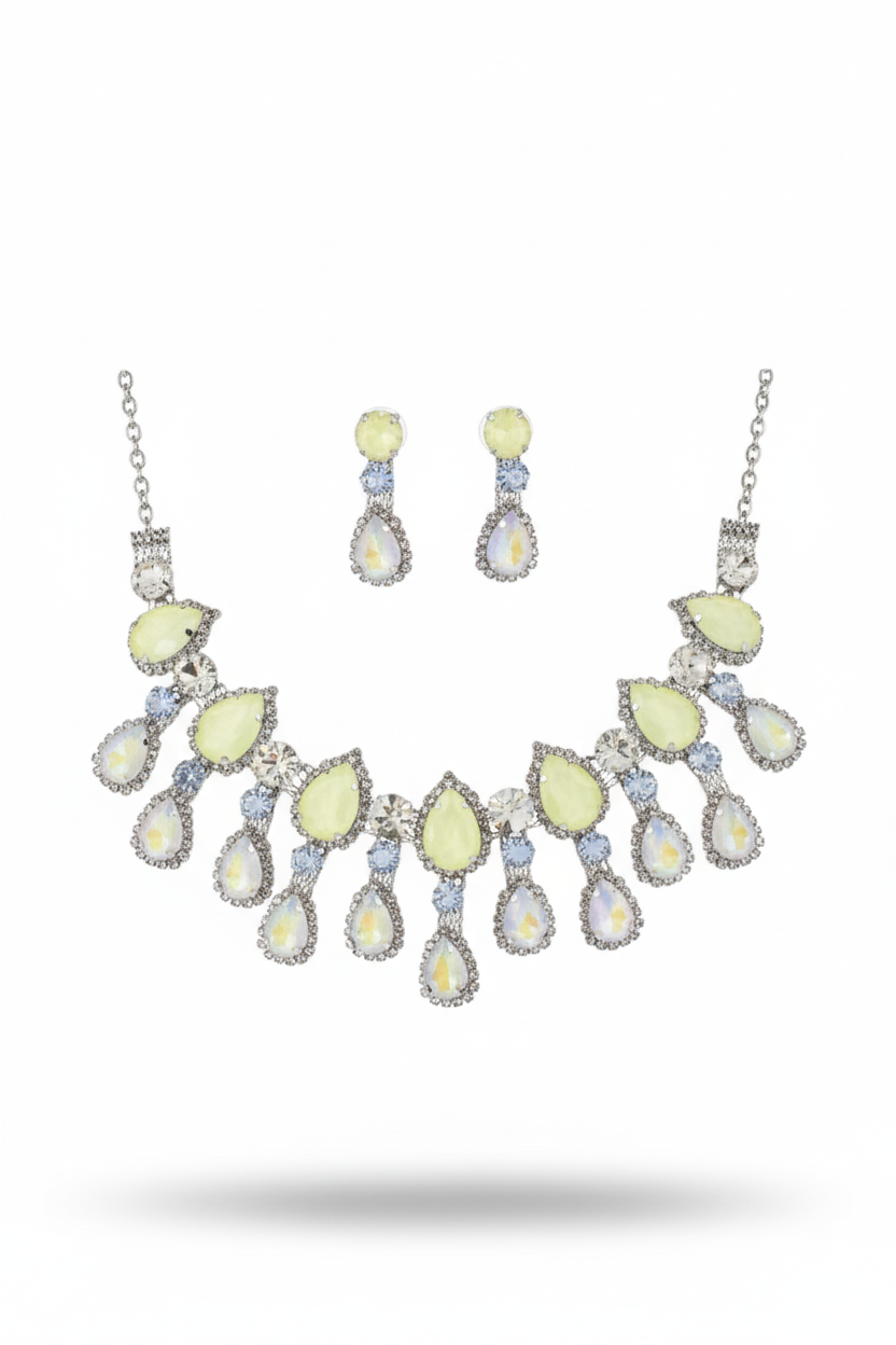 Korean Lemon Yellow Glass Stone Jewelry Necklace Set | Rhodium Plated Fashion Jewelry with Earrings