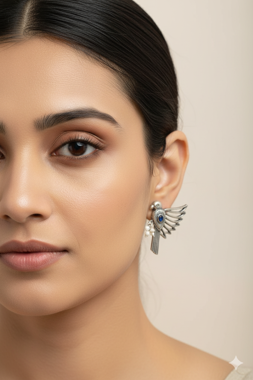 Antique Oxidised Silver Bird Stud Earrings with Blue Monalisa Stone