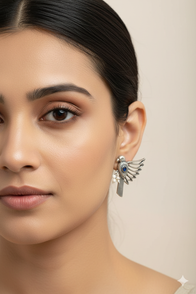 Antique Oxidised Silver Bird Stud Earrings with Blue Monalisa Stone