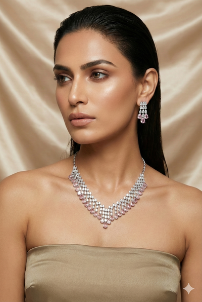 Pink Layered Korean Glass Stone Necklace Set | Premium Jewellery