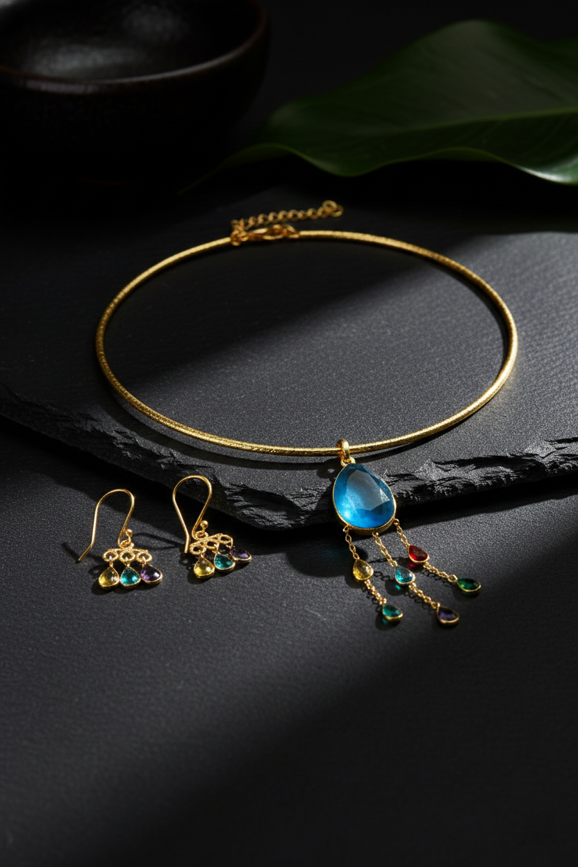 Hansuli Necklace with Blue Pendant & Multicolor Raindrop Dangles – Gold Plated Brass Statement Choker Set