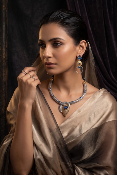 Classic Blue Silver Statement Pendant Necklace Set