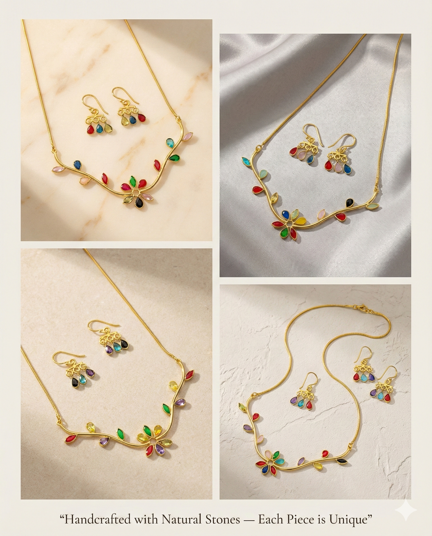 Natural Stone Multicolour Floral Necklace Set – One-of-a-Kind | Brass Gold Plated | Anti-Tarnish – anti-tarnish necklace set for women India – MaxiBlink