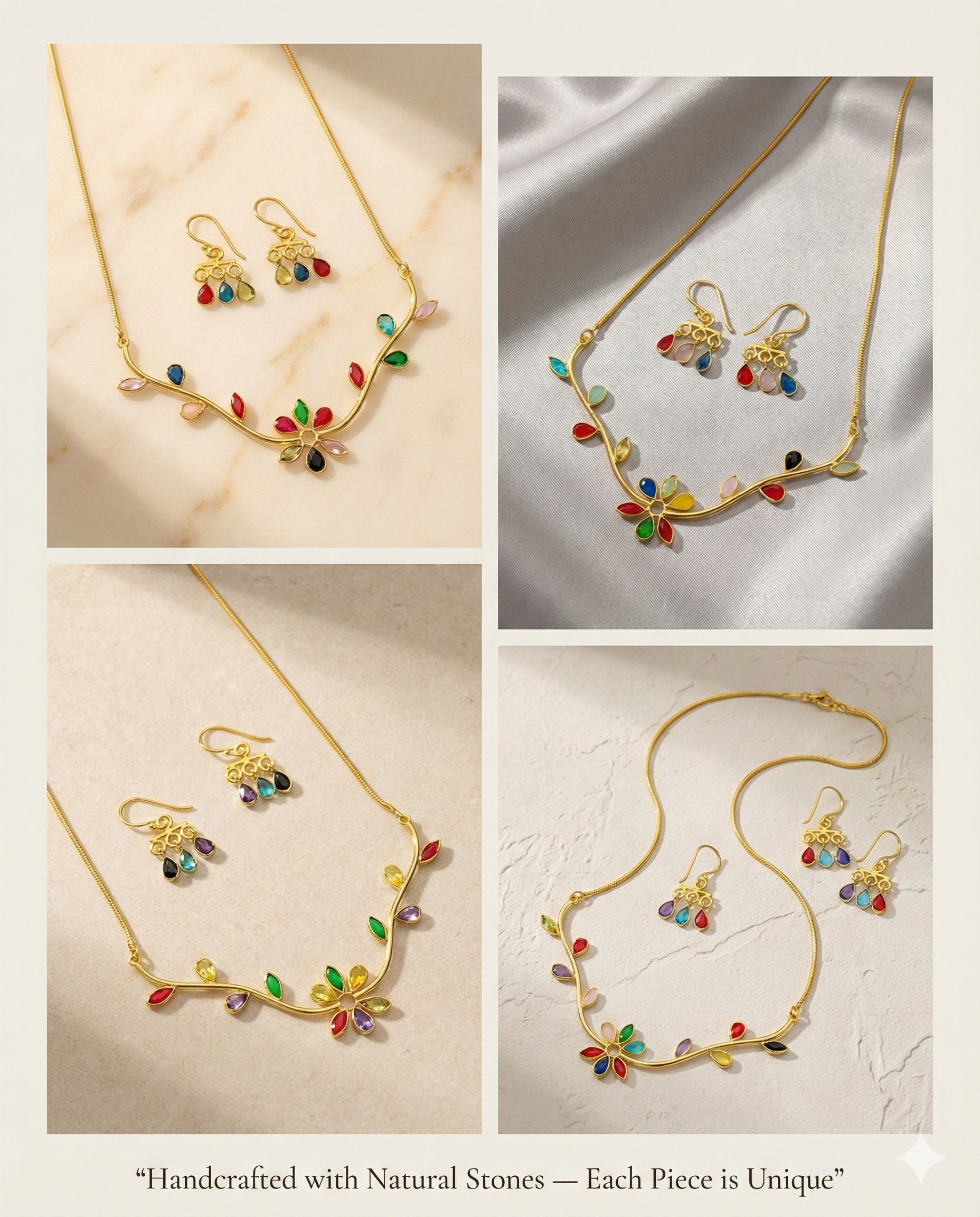 Natural Stone Multicolour Floral Necklace Set – One-of-a-Kind | Brass Gold Plated | Anti-Tarnish – anti-tarnish necklace set for women India – MaxiBlink