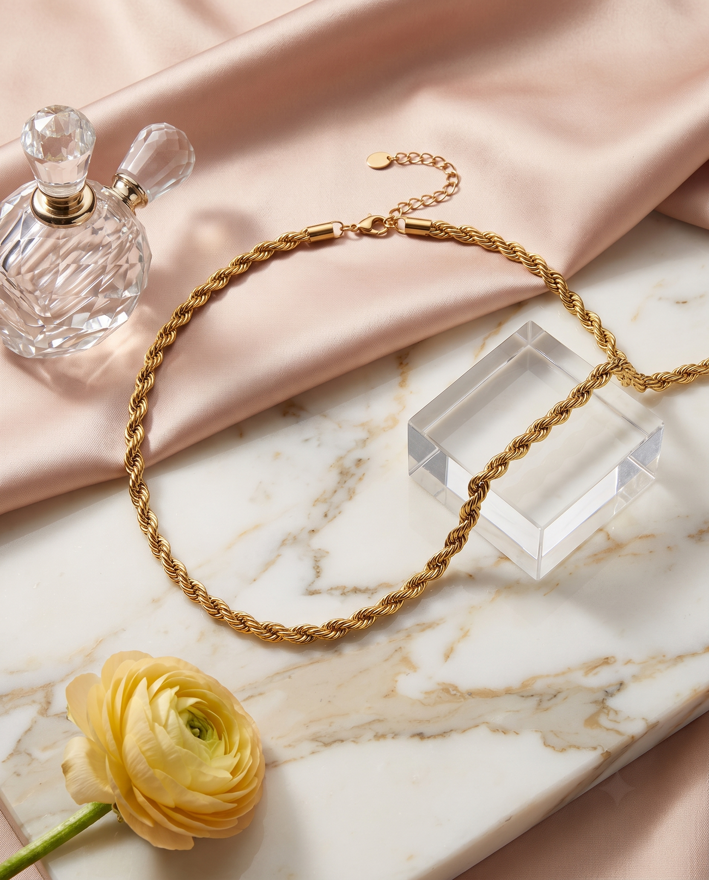 Classic 5mm herringbone chain necklace, 18K gold plated – styled on jewelry stand