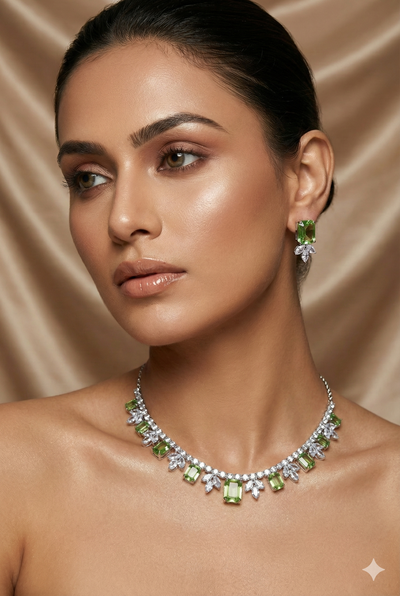 Light Green Korean Glass Stone Necklace Set | Premium Crystal Jewellery