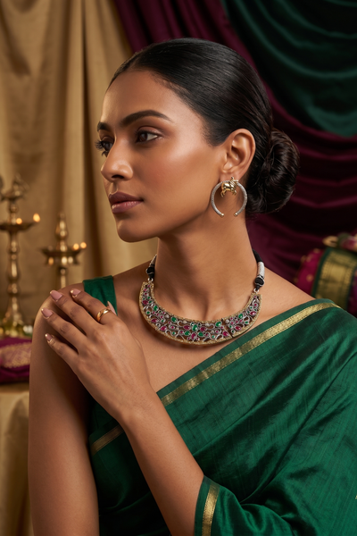 Royal Dual-Tone Floral Vine Pearl Necklace Set with Nandi Motif Earrings