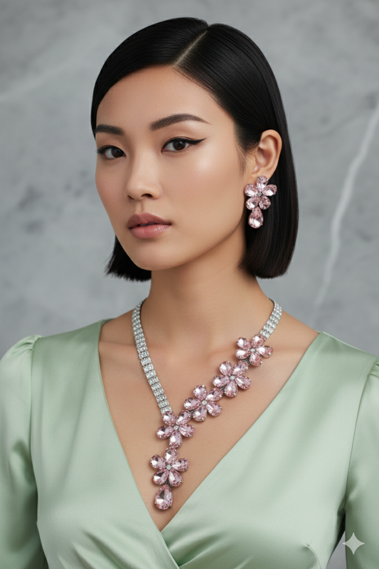 Korean Pink Floral Glass Stone Jewelry Necklace Set | Rhodium Plated Bridal & Party Jewelry with Earrings