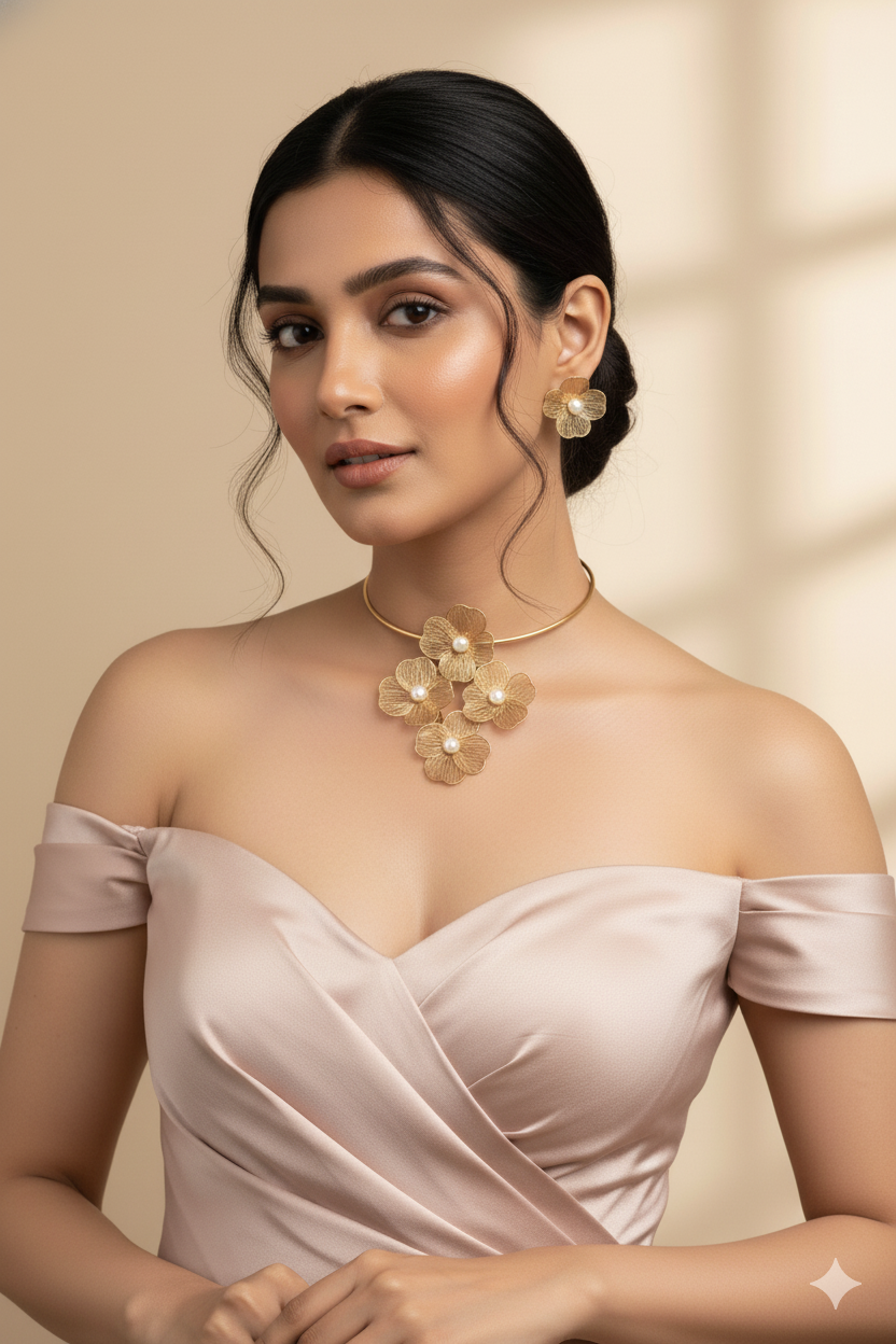 Gold Plated Hansli Necklace Set – Floral Cluster with Pearl Centers & Matching Flower Earrings | Anti‑Tarnish