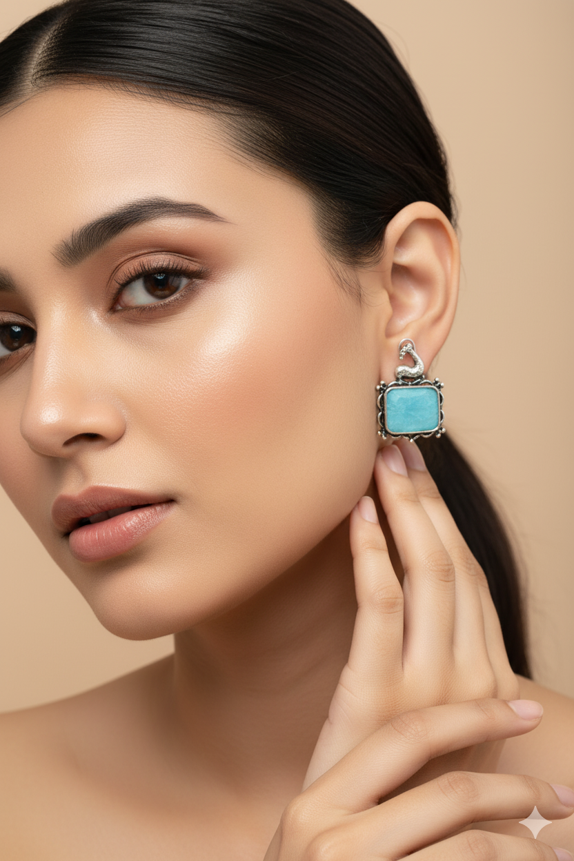 Blue Monalisa Rectangle Oxidised German Silver Earrings with Deer Motif