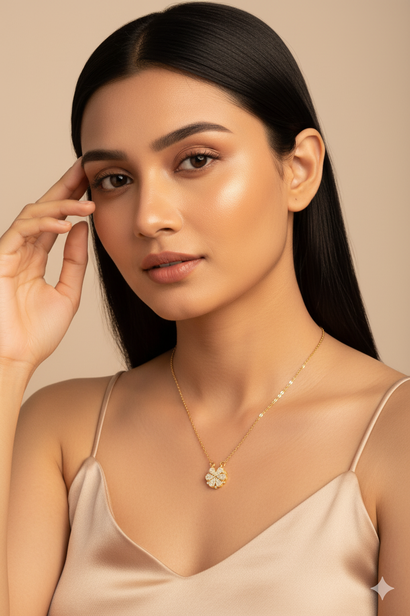 Magnetic Clover Heart Pendant Necklace – 4-in-1 Convertible CZ Necklace, Anti-Tarnish Gold