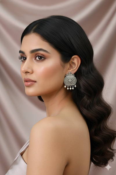 Oxidised German Silver Antique Oval Stud Earrings with Pearl Drops