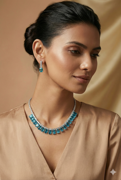 Aqua Emerald Cut Korean Glass Stone Necklace Set | Premium Crystal Jewellery