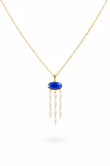 Blue Stone & Pearl Tassel Chain Pendant | Natural Stones, Gold-Plated Brass