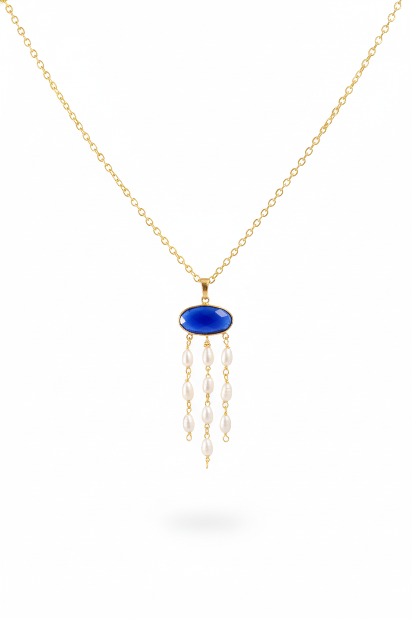 Blue Stone & Pearl Tassel Chain Pendant | Natural Stones, Gold-Plated Brass