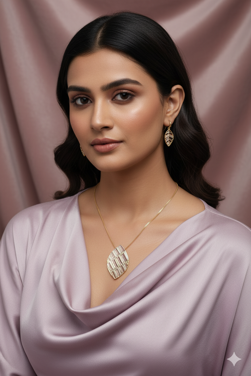 Leaf Enamel Pendant Set - Gold Plated Leaf Design | Pink & Beige Enamel Finish | Anti Tarnish