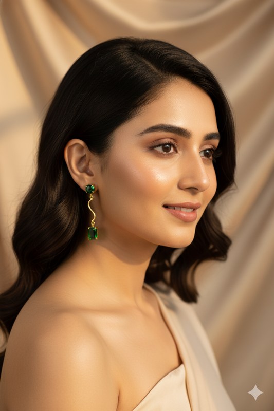 Wavy Bar Drop Earrings with Emerald‑Green Stone | Natural Stone, Gold‑Plated Brass