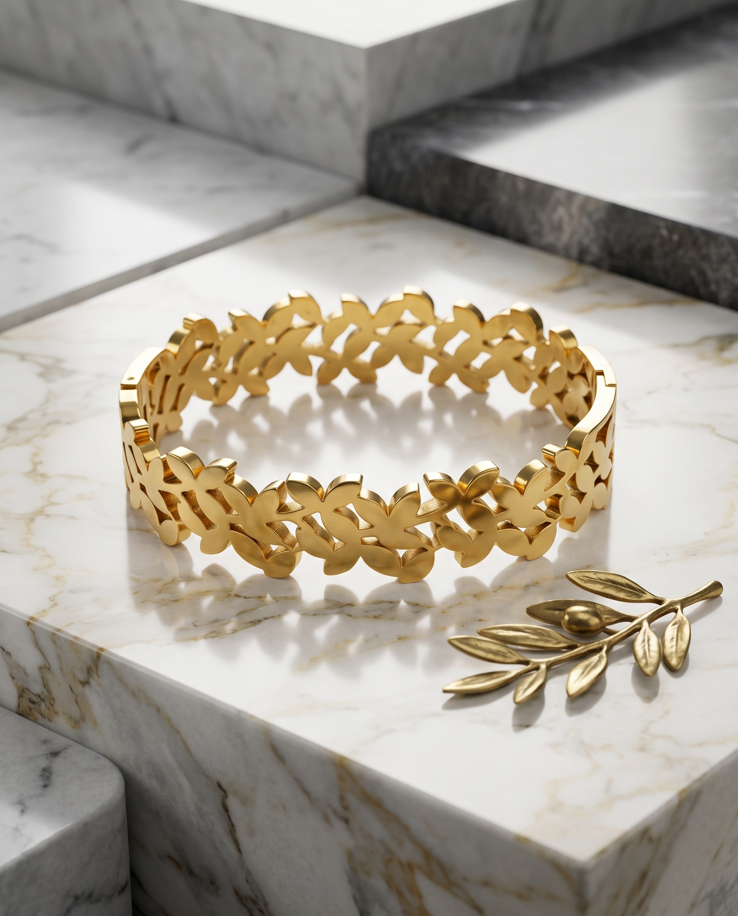 Golden Leaf Link Hinged Bangle Bracelet