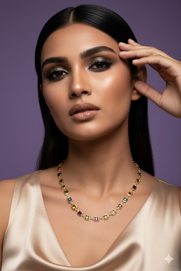 Multi-Color Square Stone Necklace – Gold Plated Statement Jewelry