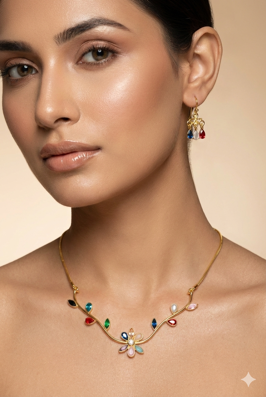 Natural Stone Multicolour Floral Necklace Set – One-of-a-Kind | Brass Gold Plated | Anti-Tarnish – anti-tarnish necklace set for women India – MaxiBlink