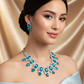 Korean Blue Oval Glass Stone Glass & AD Stone Necklace Set | Rhodium Plated Statement Jewelry with Earrings