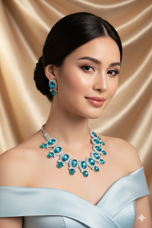 Korean Blue Oval Glass Stone Glass & AD Stone Necklace Set | Rhodium Plated Statement Jewelry with Earrings