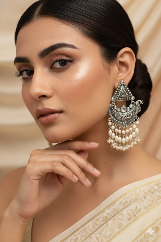 Boat Shape Oxidised German Silver Earrings with Pearl Tassels – Antique Design