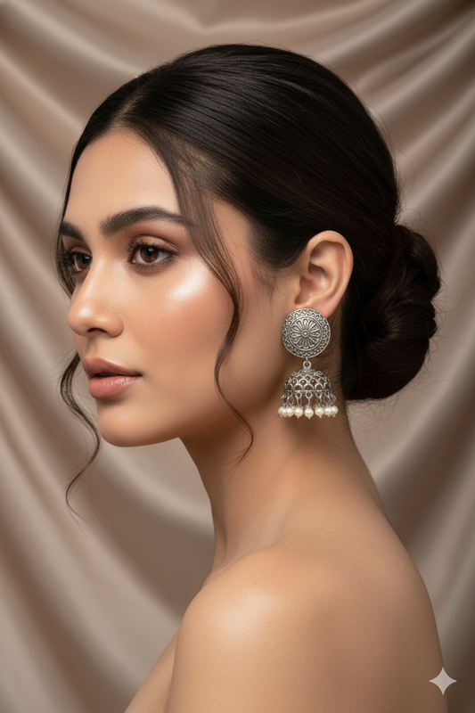 Oxidised German Silver Round Stud Earrings with Pearl Clusters