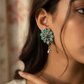 Mint Green Monalisa Floral Stud Danglers with Ghungroo Drops | Oxidised