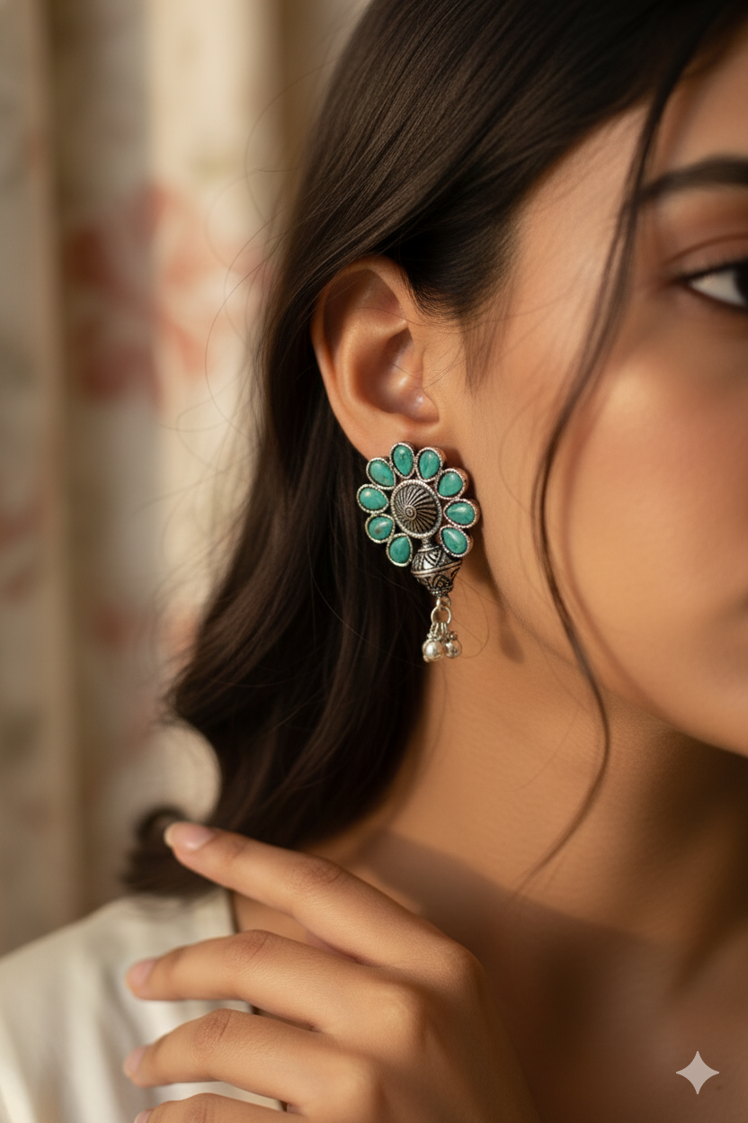 Mint Green Monalisa Floral Stud Danglers with Ghungroo Drops | Oxidised