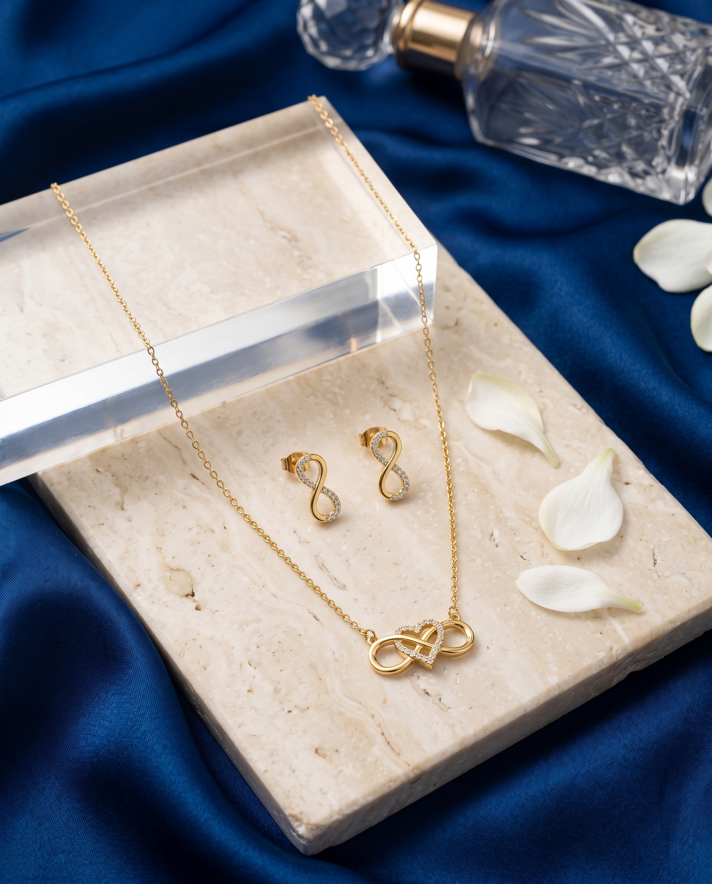 Heart accent infinity pendant necklace and matching stud earrings set, 18K gold plated – worn styled shot