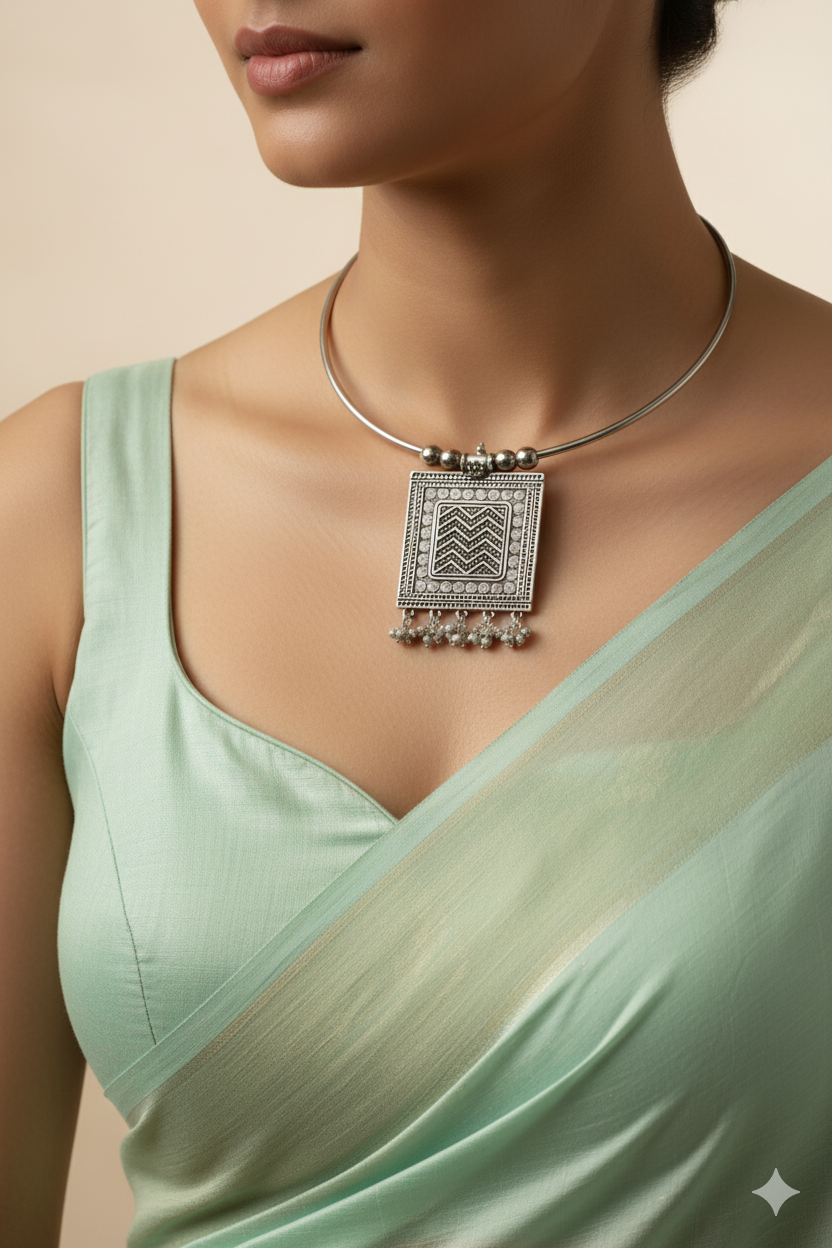 Oxidised German Silver Hansli Necklace with Square Tribal Pendant | Boho Statement Jewellery