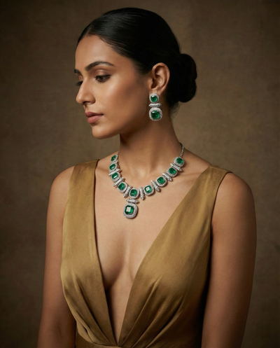 Emerald Cushion Cut Necklace Set with Diamond Finish | Premium Wedding Jewellery