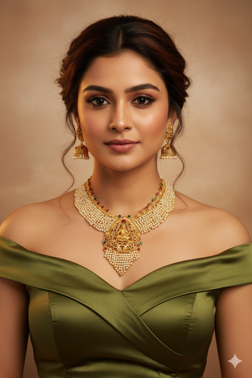 Antique Gold-Plated Lakshmi Temple Necklace Set with Pearl Layers