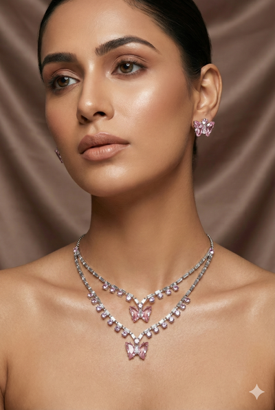 Pink Butterfly Korean Glass Stone Necklace Set | Premium Crystal Jewellery