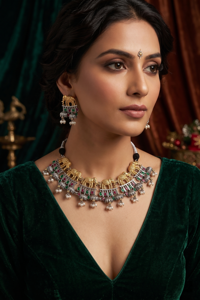 Grand Dual-Tone Elephant Heritage Statement Necklace Set