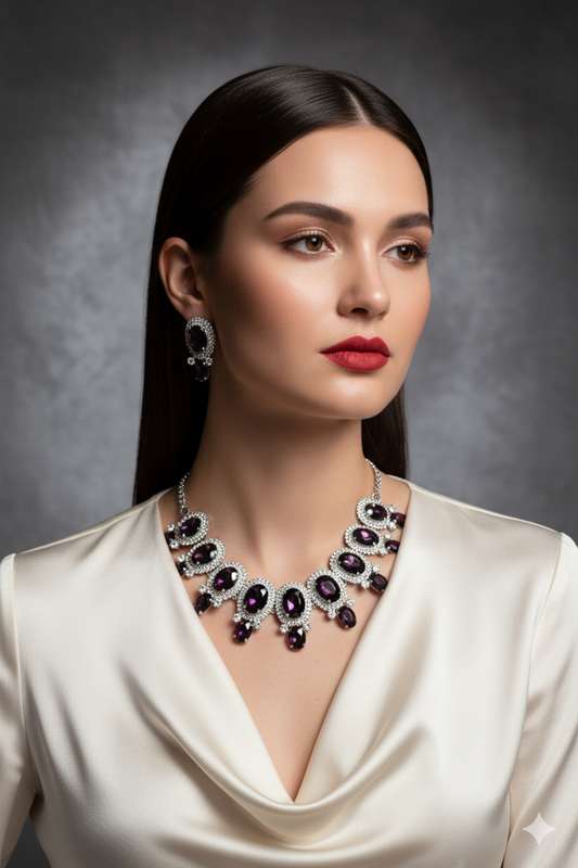 Korean Purple Oval Glass Stone Glass & AD Stone Necklace Set | Rhodium Plated Bridal & Party Jewelry with Earrings