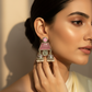 Pink Monalisa Trapeze Jhumka Oxidised Earrings with Twin Bells & Pearls