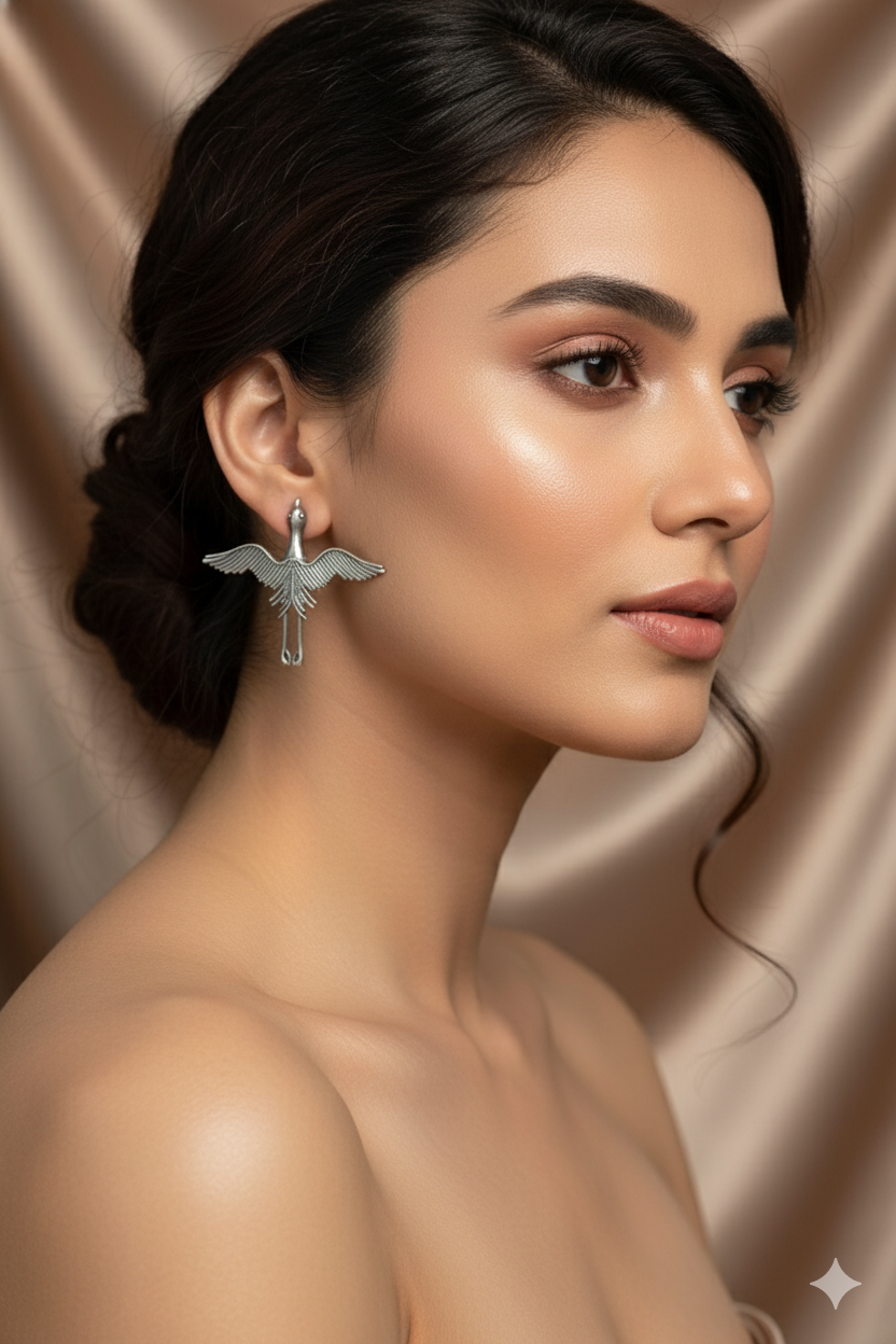 Oxidised Bird Design German Silver Long Drop Earrings