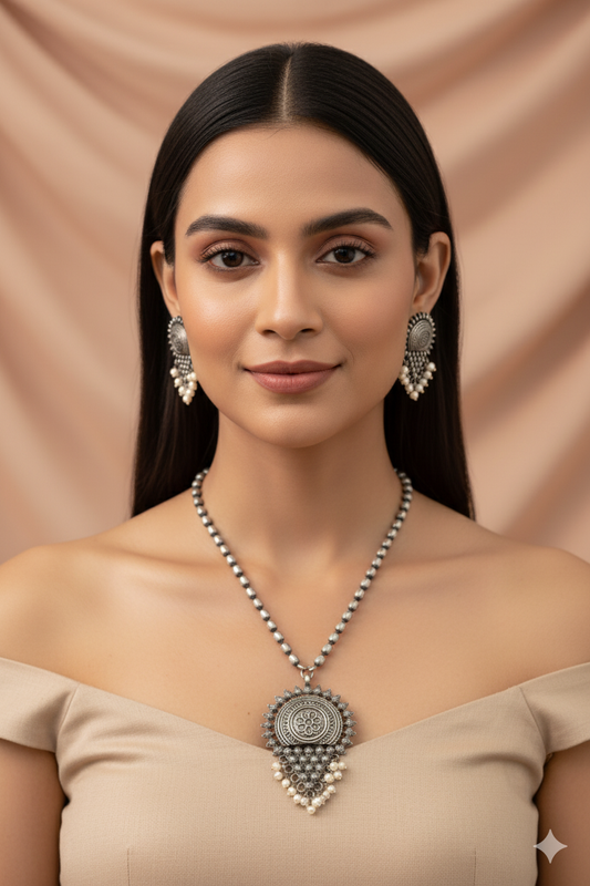 Antique Sunburst Pendant Set with Pearls | Oxidised German Silver