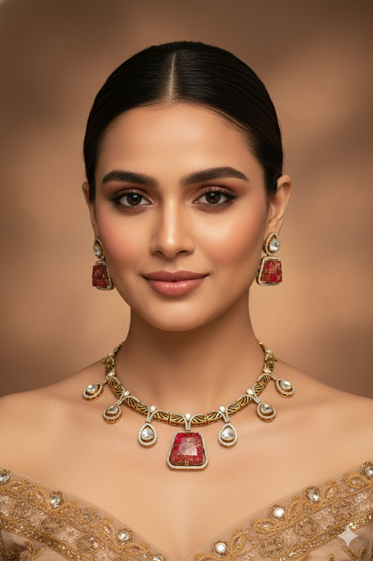 Antique Temple Necklace Set with Ruby Slab Stones & Polki Drops