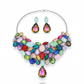 Korean Multicolor Glass Stone Jewelry Necklace Set | Rhodium Plated Statement Fashion Jewelry with Earrings