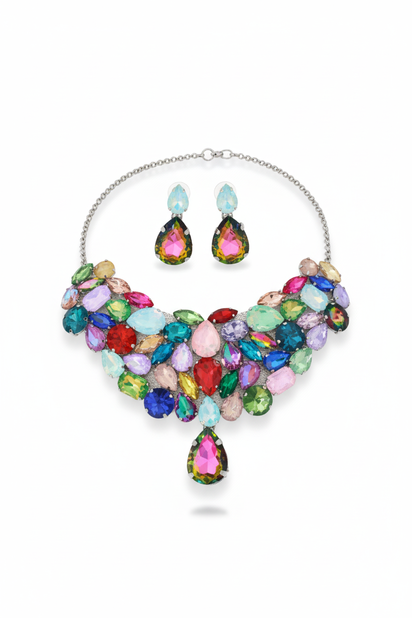 Korean Multicolor Glass Stone Jewelry Necklace Set | Rhodium Plated Statement Fashion Jewelry with Earrings